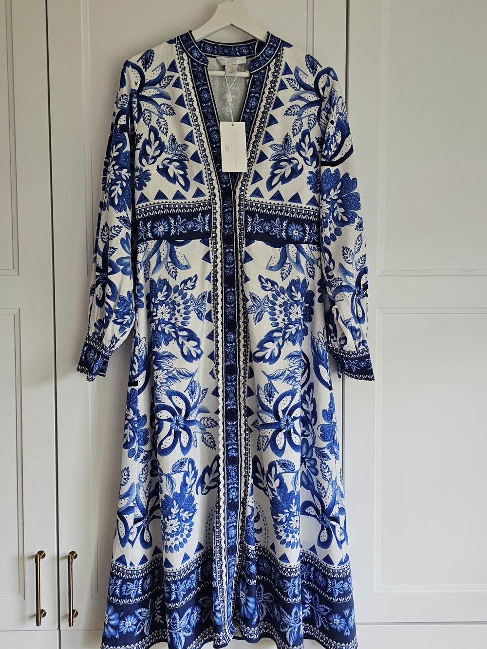 Caroline Constas Blue & White Floral Tapestry Lenzing Trim Linen Dress NWT $360